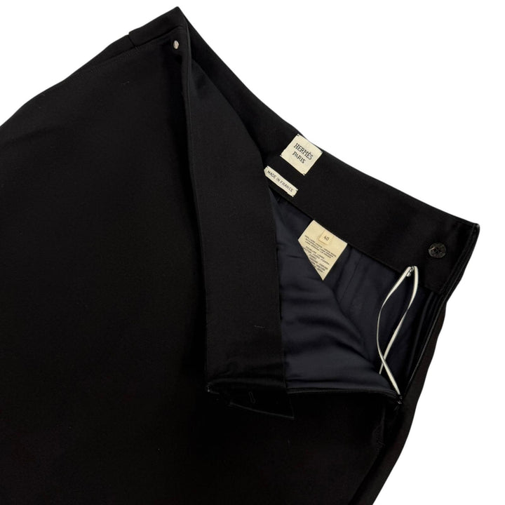 極美品☆HERMES エルメス 3H0316DX バージンウール シルバー金具 セリエ金具 膝丈 タイトスカート ブラック 40 フランス製 レディース