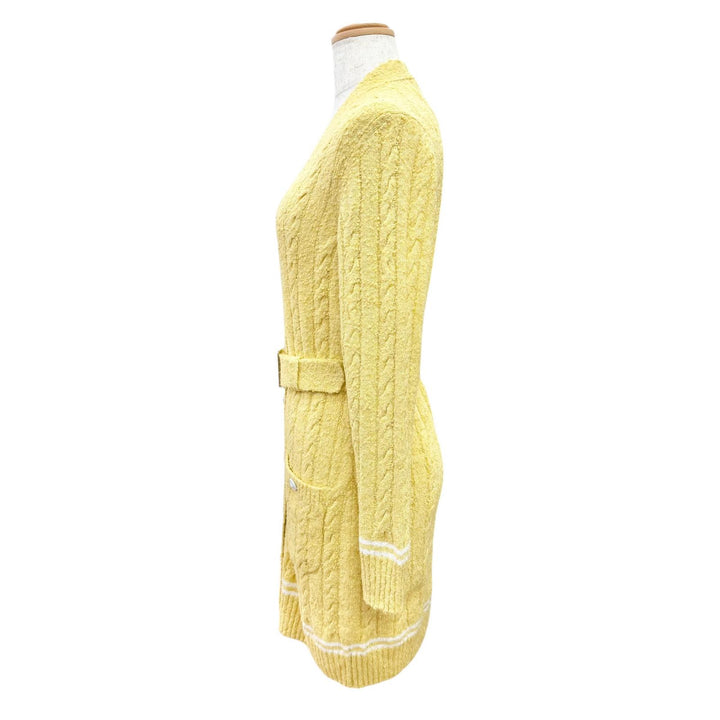 極美品△CHANEL シャネル P72177 K10414 MH256 ライオンボタン ベルト付き Vネック 長袖 ニット ロング カーディガン イエロー 34 正規品