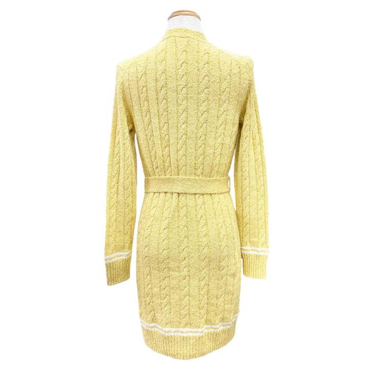 極美品△CHANEL シャネル P72177 K10414 MH256 ライオンボタン ベルト付き Vネック 長袖 ニット ロング カーディガン イエロー 34 正規品