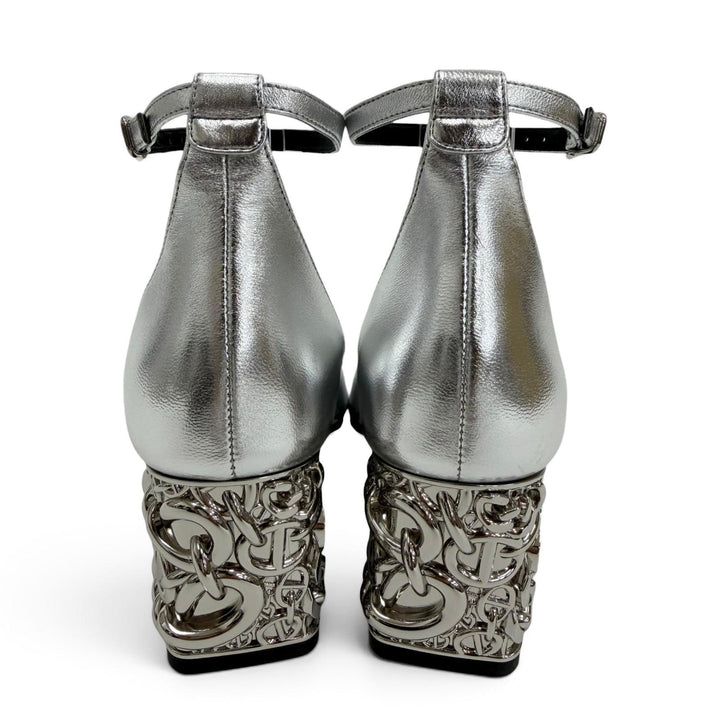 未使用品☆HERMES エルメス ガーリー60 シェーヌダンクルヒール アンクルストラップ レザー パンプス シルバー 36.5 伊製 レディース