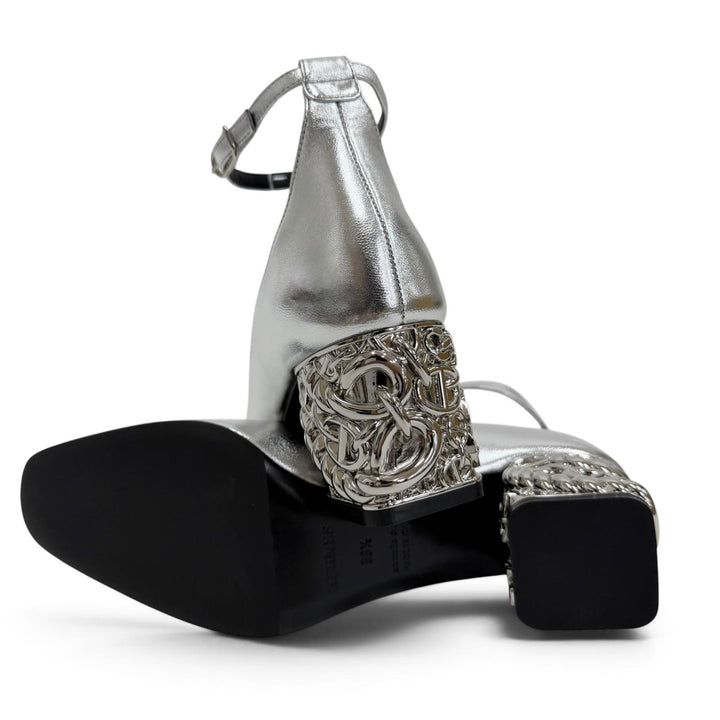未使用品☆HERMES エルメス ガーリー60 シェーヌダンクルヒール アンクルストラップ レザー パンプス シルバー 36.5 伊製 レディース