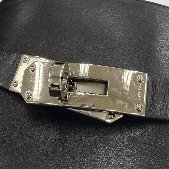 美品☆HERMES エルメス ストーリー70 シルバー金具 ケリーバックル チャンキーヒール レザー ロングブーツ ブラック 36.5 イタリア製