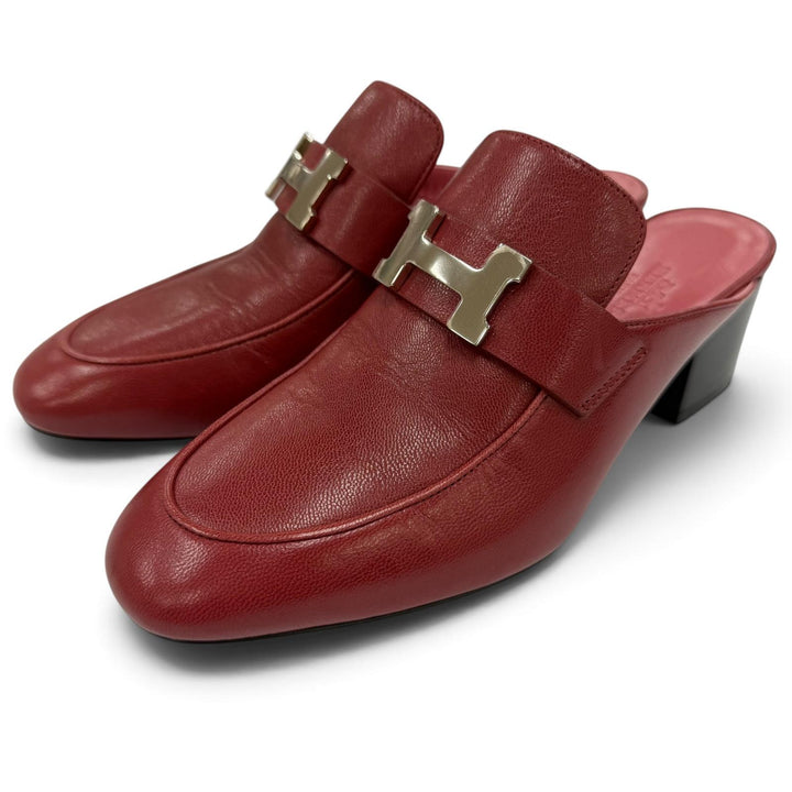 極美品☆HERMES エルメス パラディ シルバー金具 コンスタンス Hロゴ レザー ミュール サンダル レッド系 35.5 イタリア製 レディース