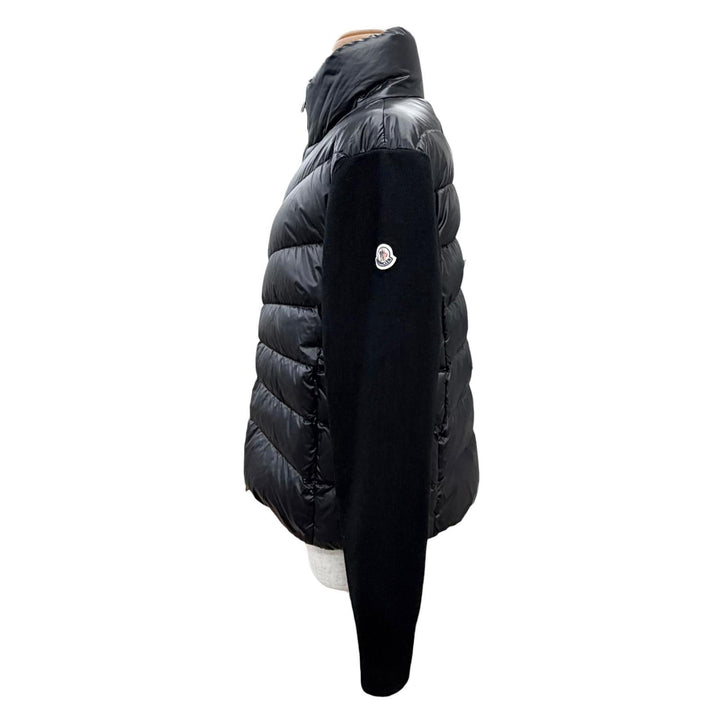 極美品△MONCLER モンクレール CARDIGAN TRICOT ロゴワッペン 袖ニット使い ダウンジャケット ブラック M 正規品 レディース
