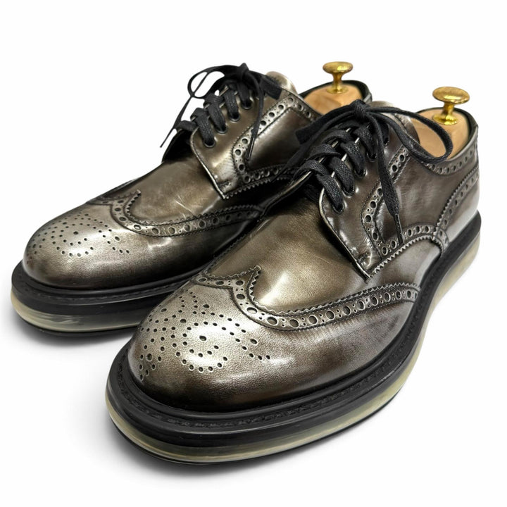 極美品□PRADA プラダ 2EE098 レザー エアソール ウィングチップ フルブローグ レースアップ レザーシューズ シルバー系 6.5 メンズ