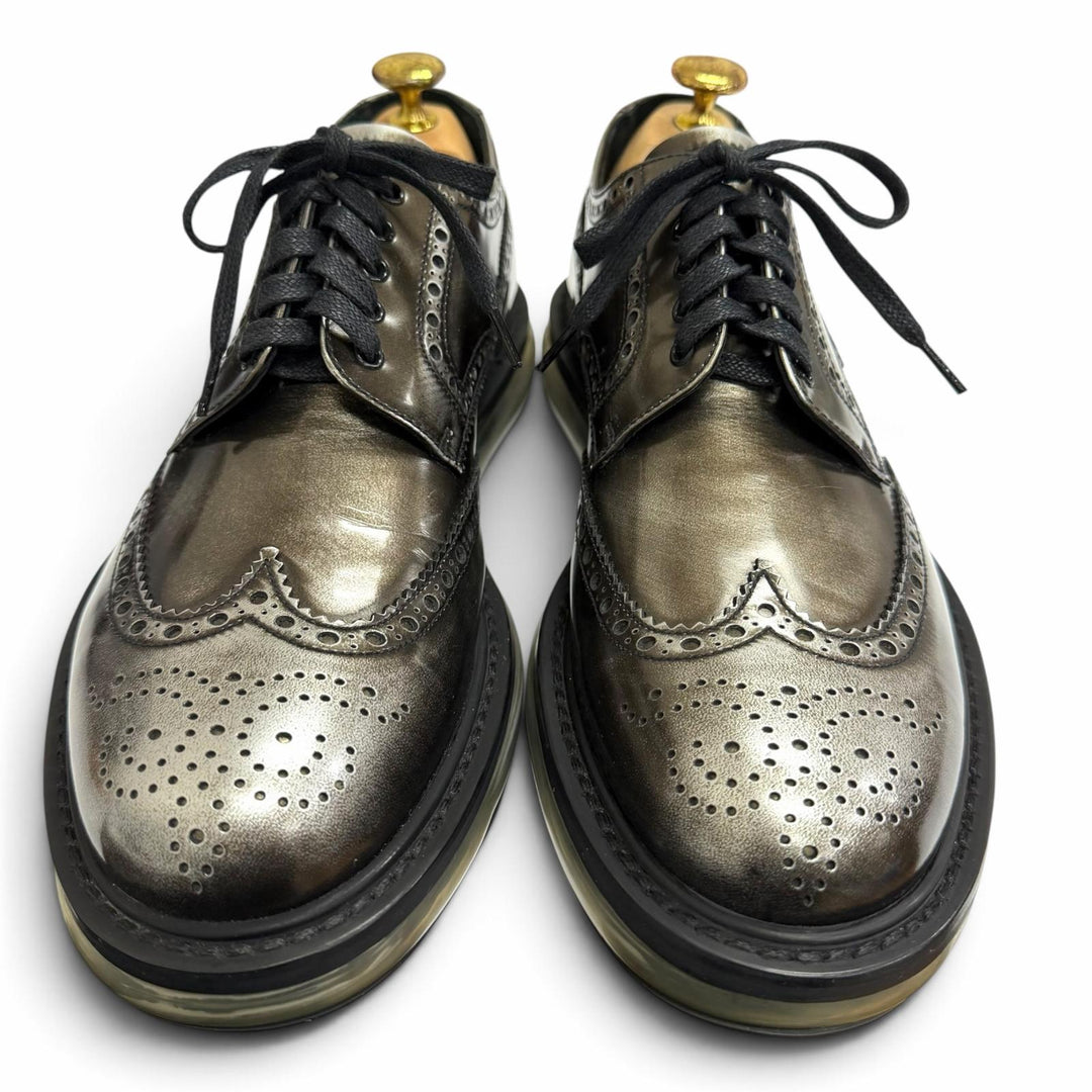 極美品□PRADA プラダ 2EE098 レザー エアソール ウィングチップ フルブローグ レースアップ レザーシューズ シルバー系 6.5 メンズ