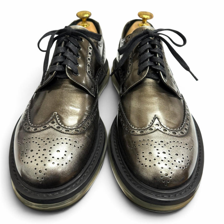極美品□PRADA プラダ 2EE098 レザー エアソール ウィングチップ フルブローグ レースアップ レザーシューズ シルバー系 6.5 メンズ