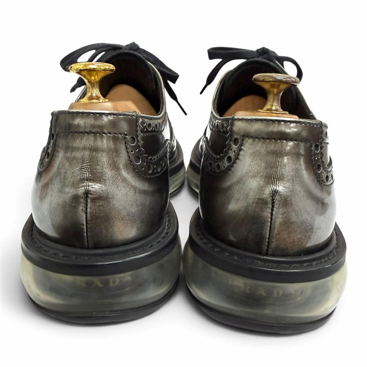 極美品□PRADA プラダ 2EE098 レザー エアソール ウィングチップ フルブローグ レースアップ レザーシューズ シルバー系 6.5 メンズ