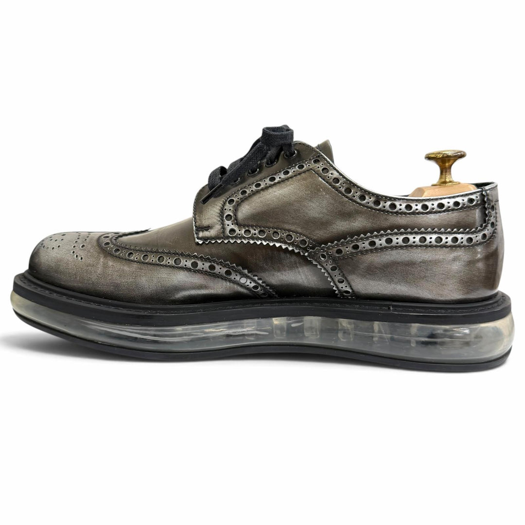 極美品□PRADA プラダ 2EE098 レザー エアソール ウィングチップ フルブローグ レースアップ レザーシューズ シルバー系 6.5 メンズ