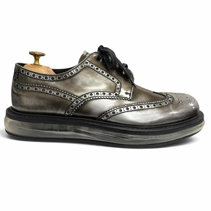 極美品□PRADA プラダ 2EE098 レザー エアソール ウィングチップ フルブローグ レースアップ レザーシューズ シルバー系 6.5 メンズ