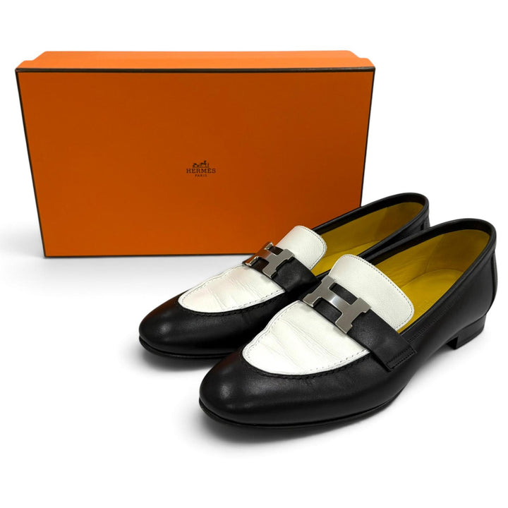 美品★HERMES エルメス モカシン パリ シルバー金具 H金具 バイカラー レザー ローファー ブラック ホワイト 37 イタリア製 箱付き