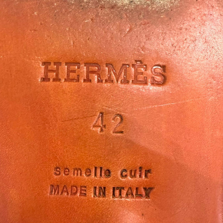 美品□HERMES エルメス レザー つまみモカ縫い フラットシューズ モカシン ローファー ブラウン 42 イタリア製 メンズ 保存袋付き