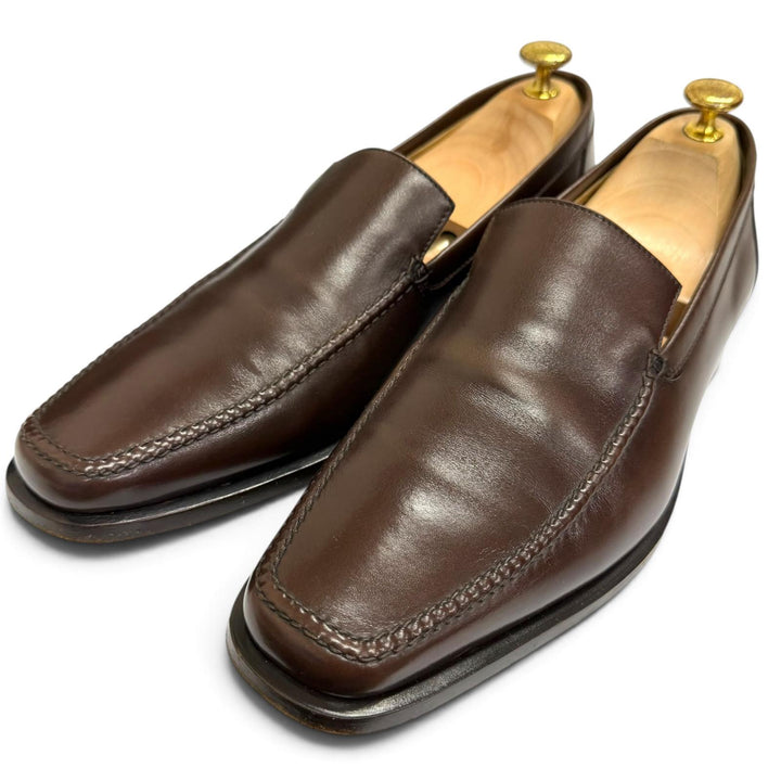 美品□HERMES エルメス レザー つまみモカ縫い フラットシューズ モカシン ローファー ブラウン 42 イタリア製 メンズ 保存袋付き