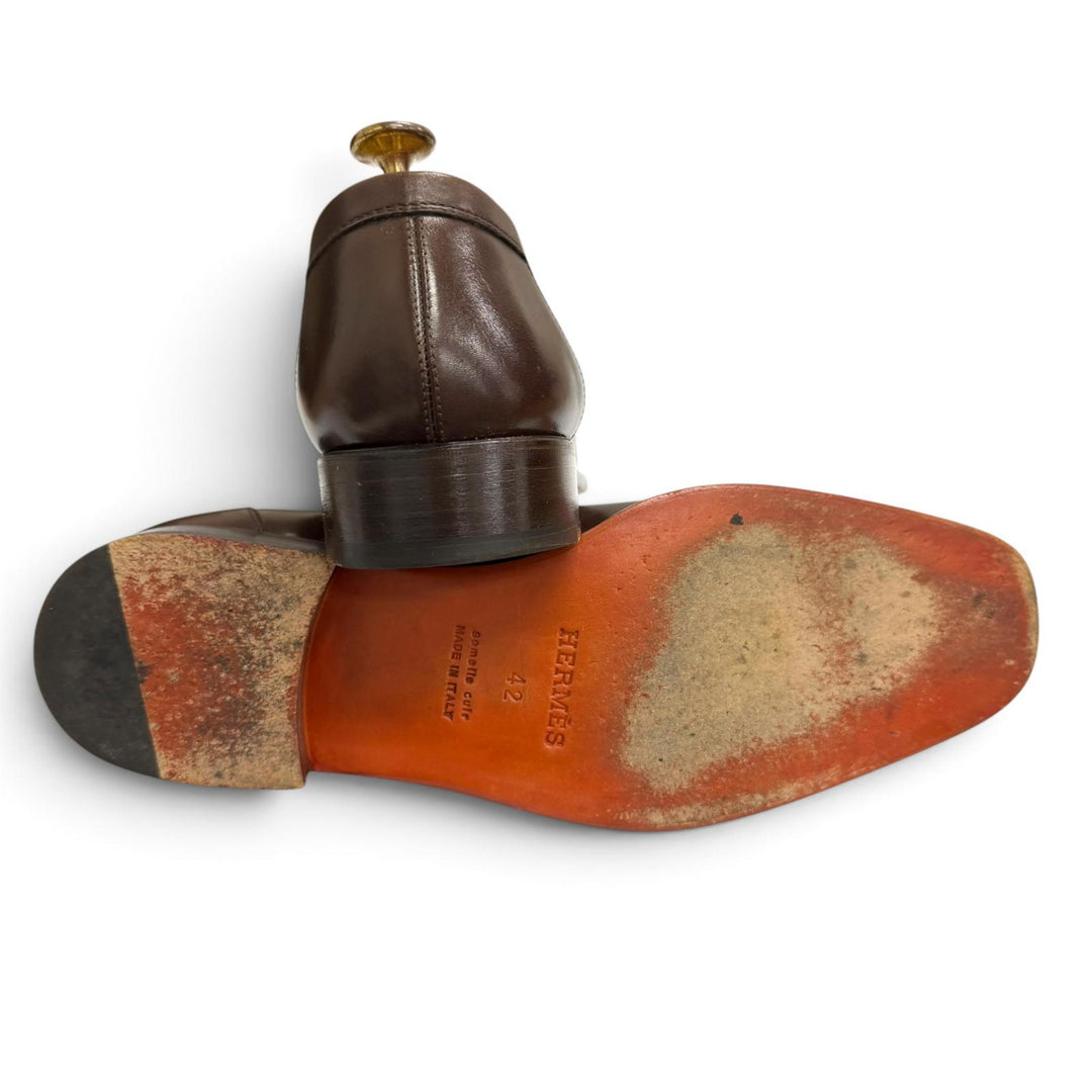 美品□HERMES エルメス レザー つまみモカ縫い フラットシューズ モカシン ローファー ブラウン 42 イタリア製 メンズ 保存袋付き