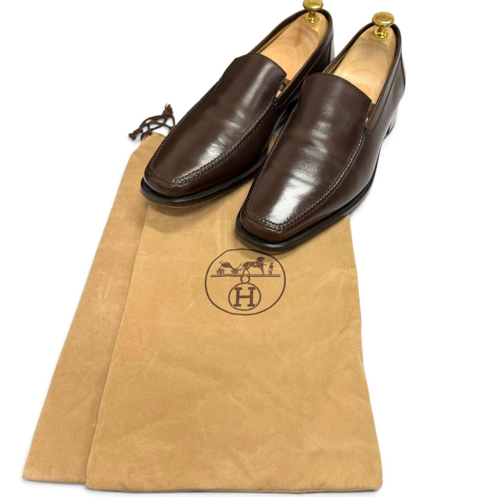 美品□HERMES エルメス レザー つまみモカ縫い フラットシューズ モカシン ローファー ブラウン 42 イタリア製 メンズ 保存袋付き