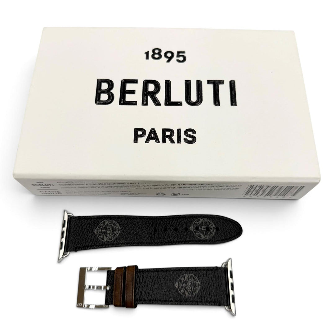 美品▼BERLUTI ベルルッティ Apple Watch BR44 アップルウォッチ用 取付幅35mm レザーベルト ブラック ブラウン シルバー金具 箱付き