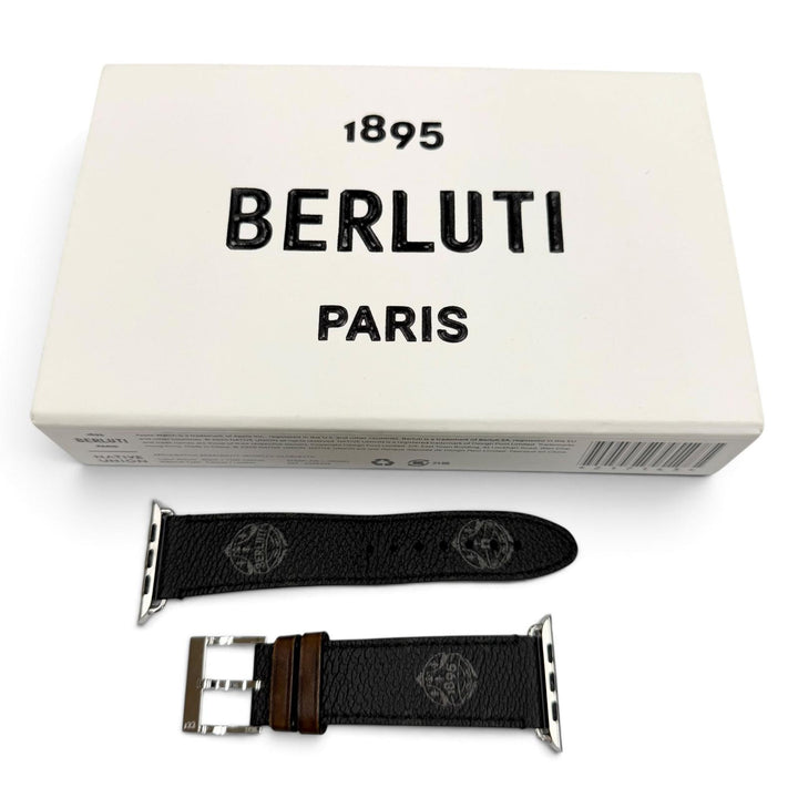 美品▼BERLUTI ベルルッティ Apple Watch BR44 アップルウォッチ用 取付幅35mm レザーベルト ブラック ブラウン シルバー金具 箱付き