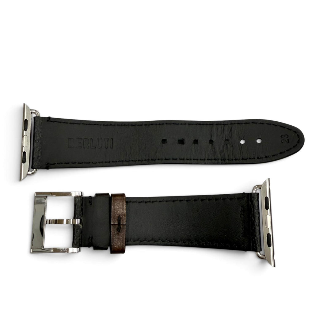 美品▼BERLUTI ベルルッティ Apple Watch BR44 アップルウォッチ用 取付幅35mm レザーベルト ブラック ブラウン シルバー金具 箱付き