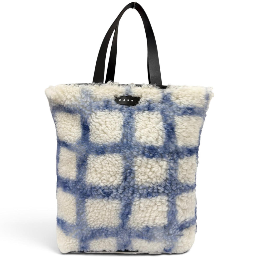 極美品□MARNI マルニ SHMQ0027Q1 ムートン 牛革 ロゴパッチ トートバッグ ブラック ホワイト ブルー イタリア製 正規品 メンズ 保存袋付
