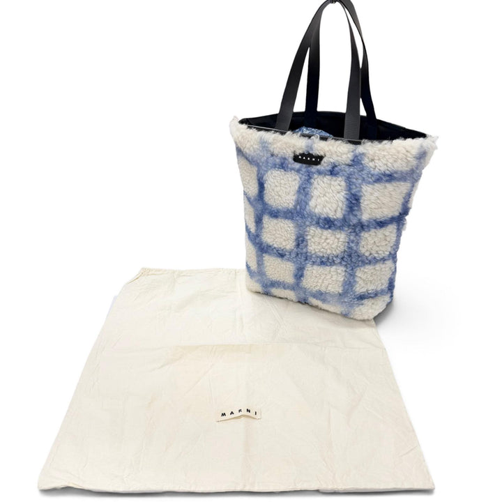 極美品□MARNI マルニ SHMQ0027Q1 ムートン 牛革 ロゴパッチ トートバッグ ブラック ホワイト ブルー イタリア製 正規品 メンズ 保存袋付