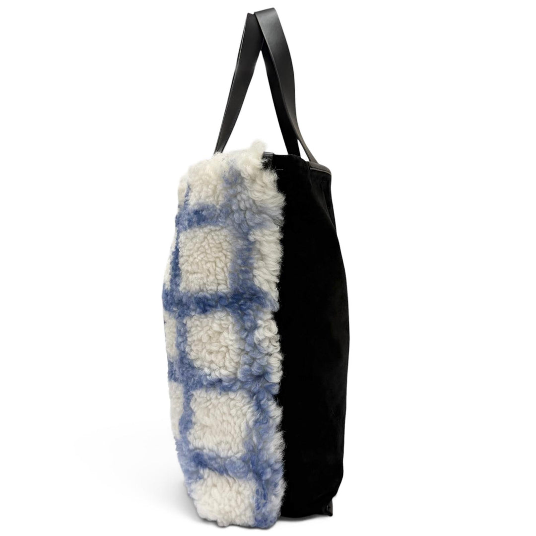極美品□MARNI マルニ SHMQ0027Q1 ムートン 牛革 ロゴパッチ トートバッグ ブラック ホワイト ブルー イタリア製 正規品 メンズ 保存袋付