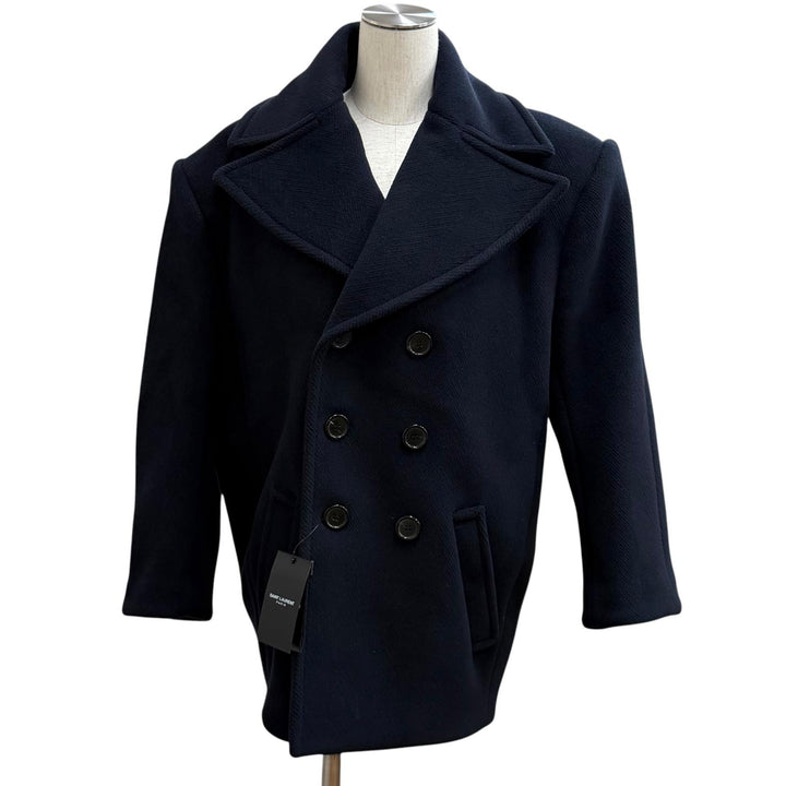 極美品★SAINT LAURENT PARIS サンローランパリ 2022年製 720194 ウール シルク混 ダブルブレスト ピーコート 36 正規品 ハンガー付