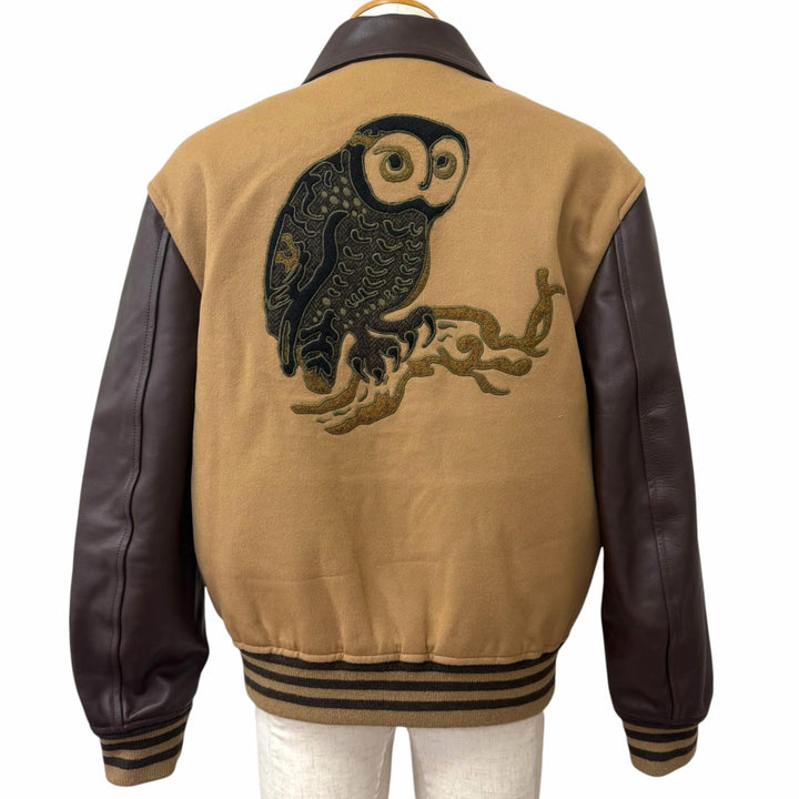 極美品□LOEWE ロエベ H800Y02X26 レザー切替 フクロウ バーシティジャケット スタジャン ベージュ ブラウン 46 イタリア製 メンズ
