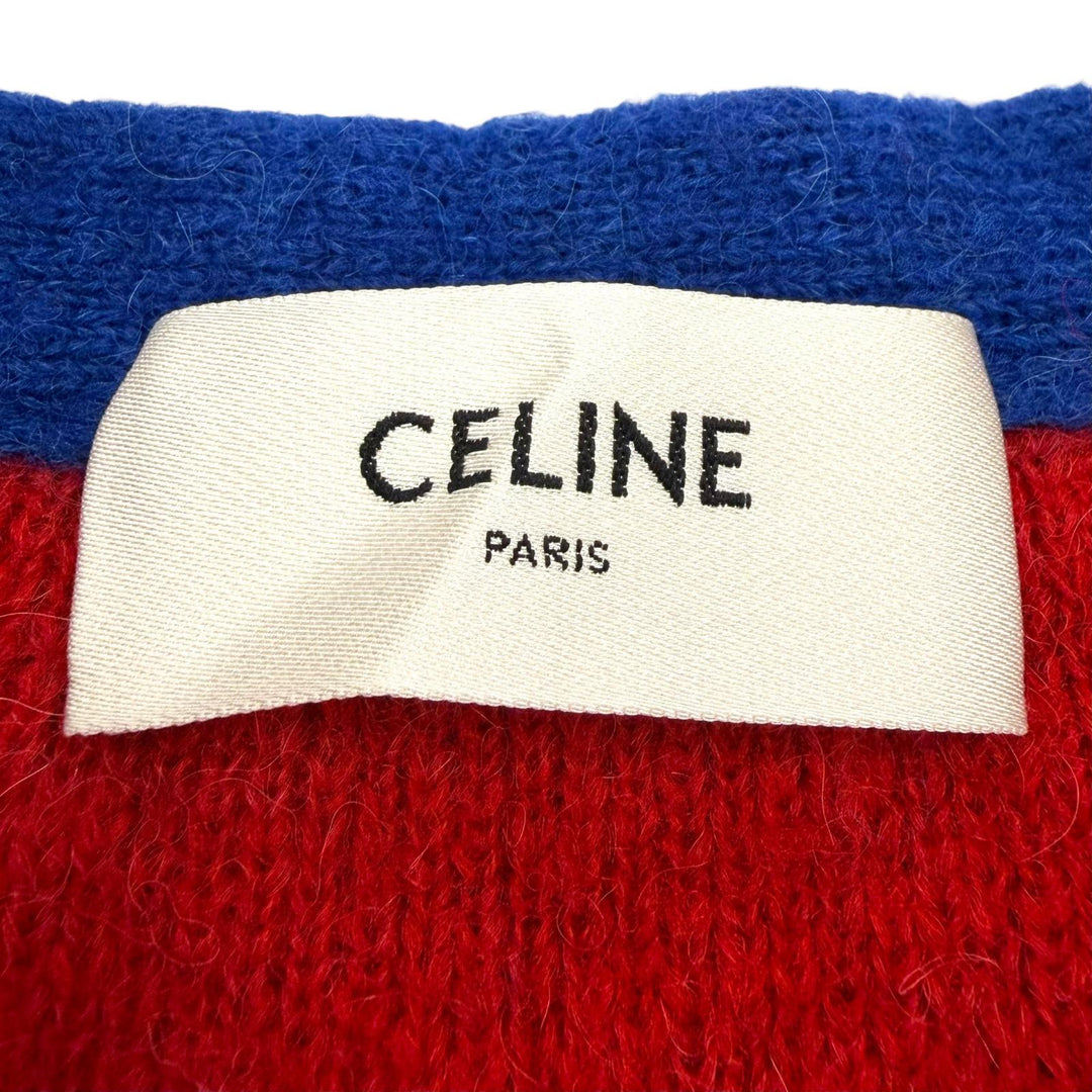 極美品▼CELINE セリーヌ 2AG33420U アルパカ65% スタースパンコール Vネック ニット カーディガン ブルー レッド M 正規品 メンズ