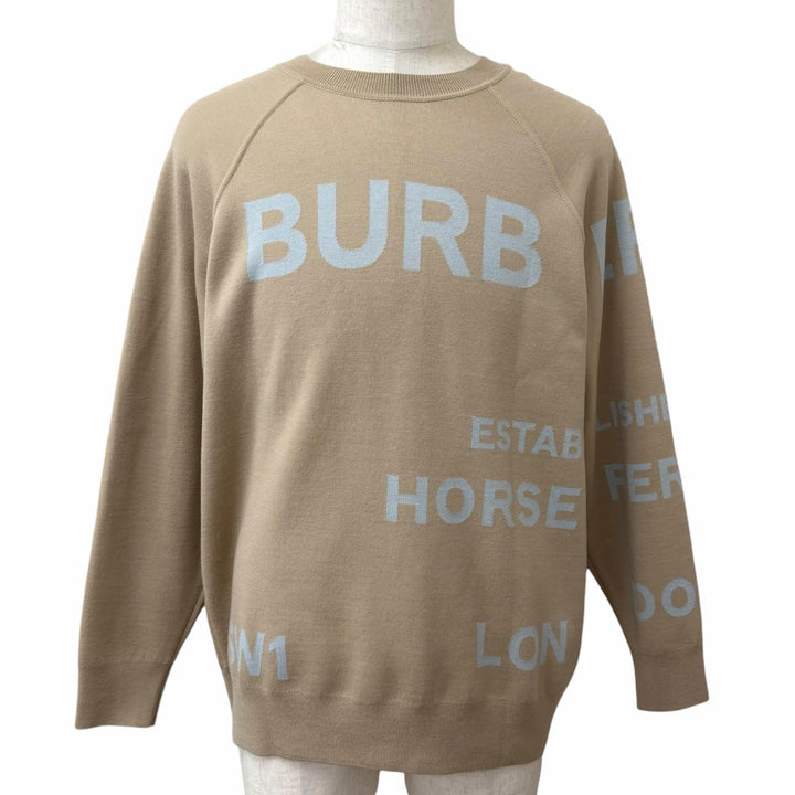 極美品□BURBERRY バーバリー 8040224 スーパーメリノウール ホースフェリー ニット セーター ベージュ グレージュ L 正規品 メンズ