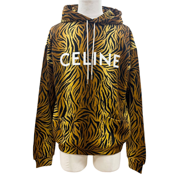 極美品▼CELINE セリーヌ 2Y571582Q コットン タイガー柄 ロゴプリント フーデッド プルオーバー パーカー ブラウン ブラック M 正規品