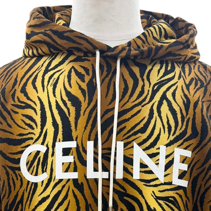 極美品▼CELINE セリーヌ 2Y571582Q コットン タイガー柄 ロゴプリント フーデッド プルオーバー パーカー ブラウン ブラック M 正規品