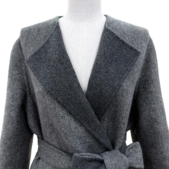 極美品☆CELINE セリーヌ 2M681408O カシミヤ100％ ヘリンボーン柄 ダブルフェイス ロング丈 ベルテッド コート グレー 34 伊製 正規品
