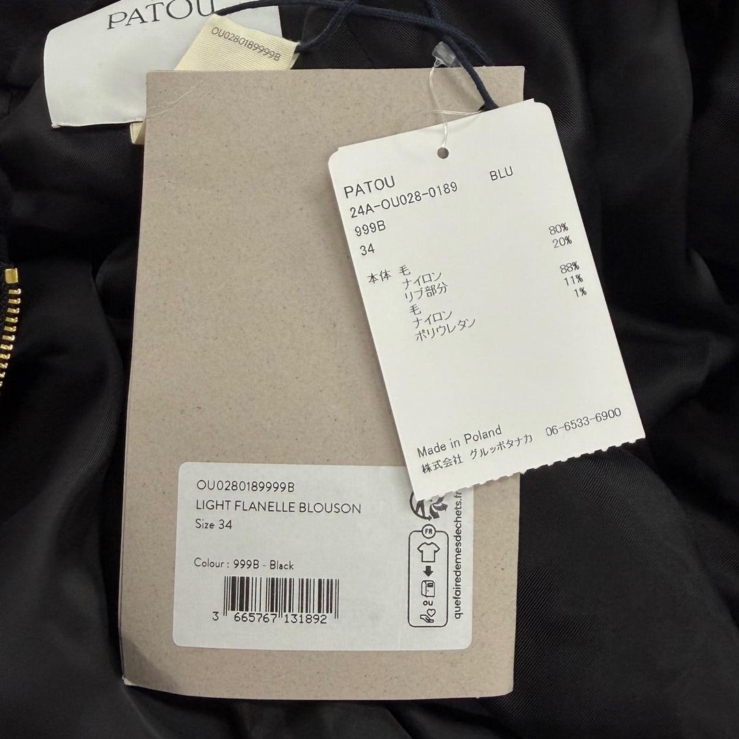 未使用品★PATOU パトゥ 24AW OU0280189999B ウール混 ロゴワッペン付 ZIP UP ライトボンバージャケット ブラック 34 ポーランド製 正規品