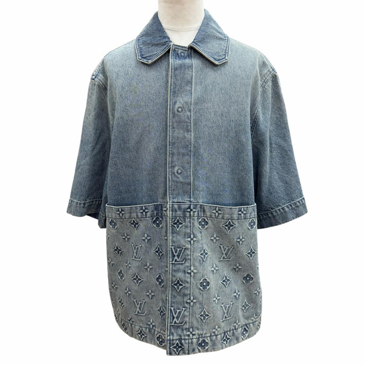 極美品▼ルイヴィトン 23AW MONOGRAM DENIM WORK S/S SHIRT モノグラムエンボス ロゴプレート 半袖 ウォッシュデニムジャケット L 正規品