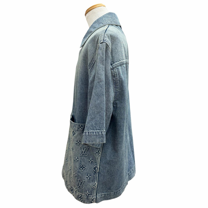 極美品▼ルイヴィトン 23AW MONOGRAM DENIM WORK S/S SHIRT モノグラムエンボス ロゴプレート 半袖 ウォッシュデニムジャケット L 正規品
