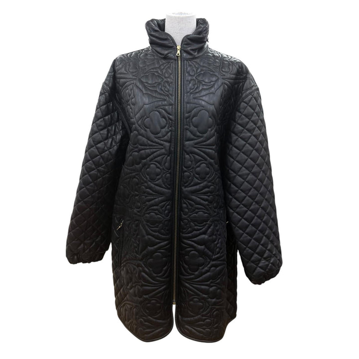 美品☆LOEWE ロエベ ロング丈 ZIP UP 総柄デザイン キルティング レザー コート ブラック 42 イタリア製 レディース
