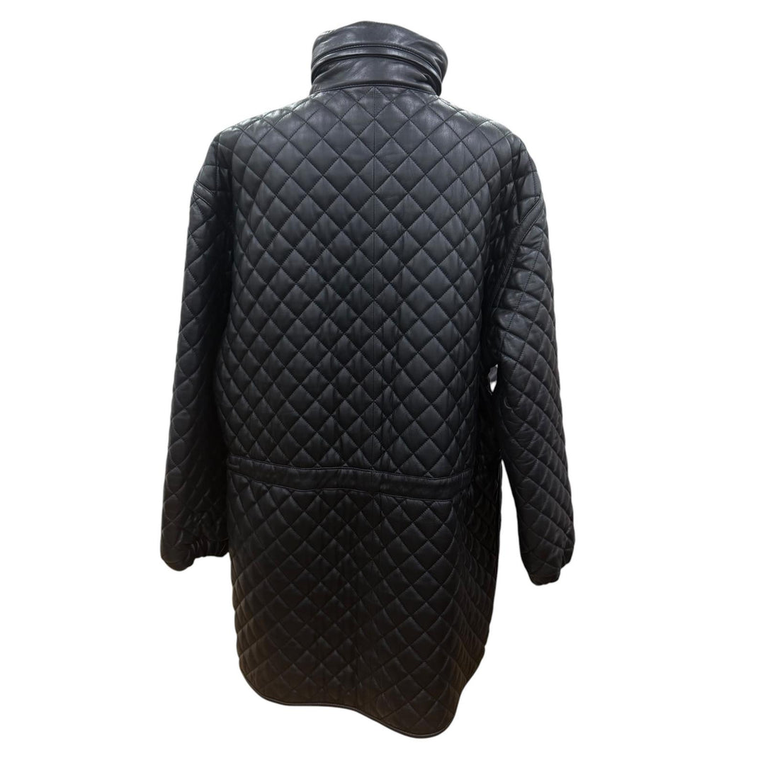 美品☆LOEWE ロエベ ロング丈 ZIP UP 総柄デザイン キルティング レザー コート ブラック 42 イタリア製 レディース