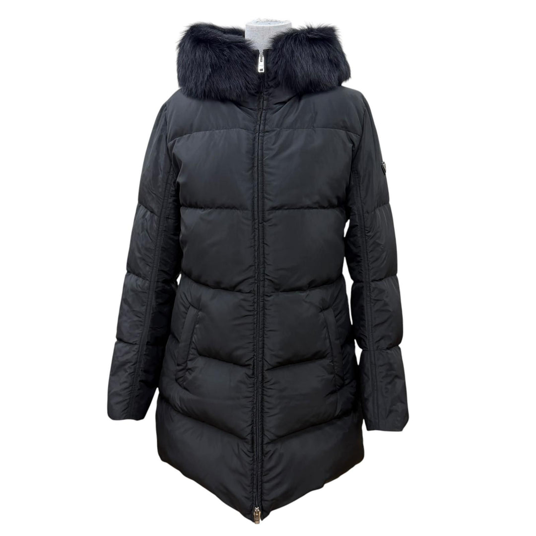 極美品☆PRADA プラダ 2025年製 29E117 トライアングルロゴ シープスキンファー・フード付 ZIP UP ダウンコート ブラック 42 正規品