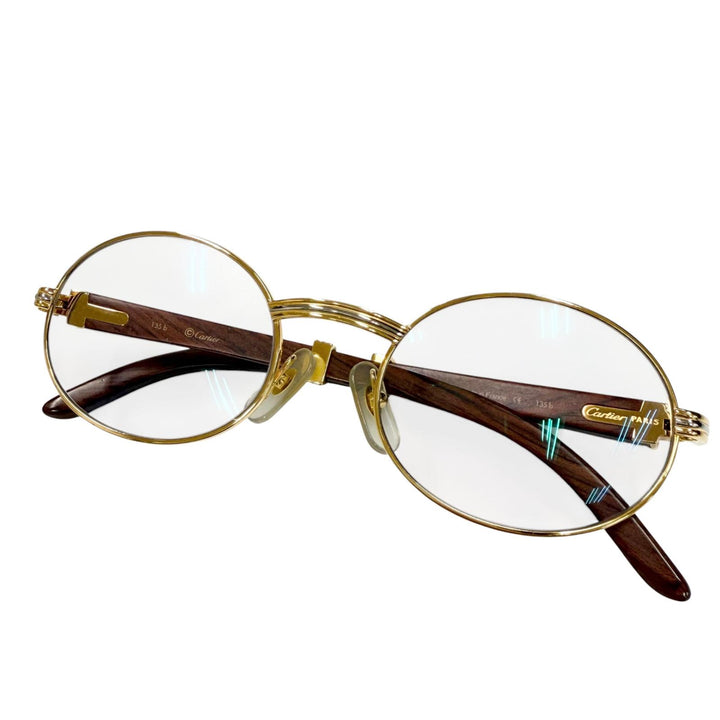 極美品▼Cartier カルティエ トリニティ ウッドテンプル オーバル メガネ 眼鏡 アイウェア ゴールド ブラウン 51□20 135 度入り メンズ