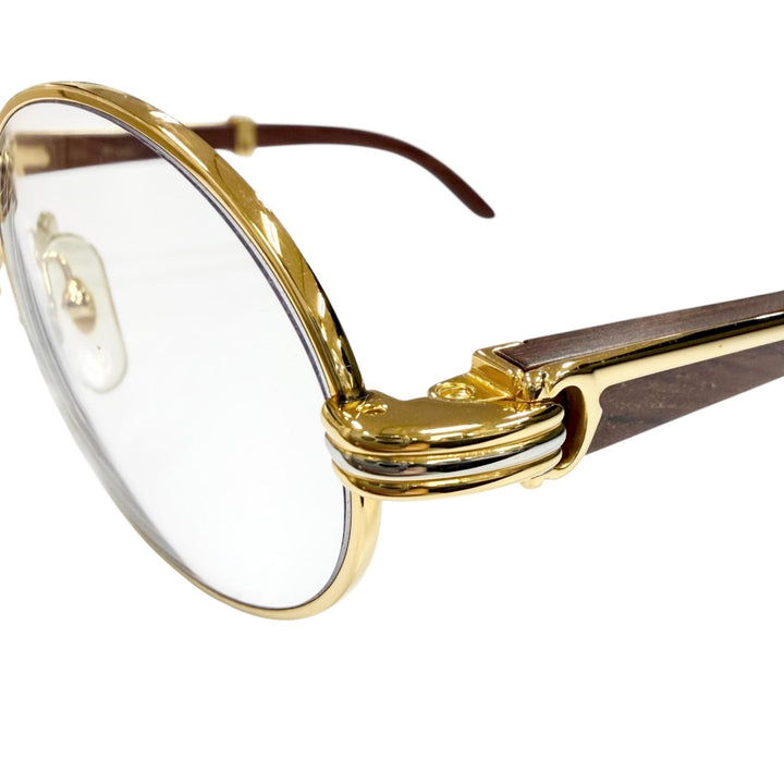 極美品▼Cartier カルティエ トリニティ ウッドテンプル オーバル メガネ 眼鏡 アイウェア ゴールド ブラウン 51□20 135 度入り メンズ