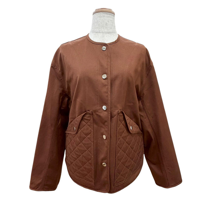 未使用品△HERMES エルメス 25SS 5E0163DQ コットン シルバー金具 セリエボタン ノーカラージャケット ブルゾン ブラウン 36 イタリア製
