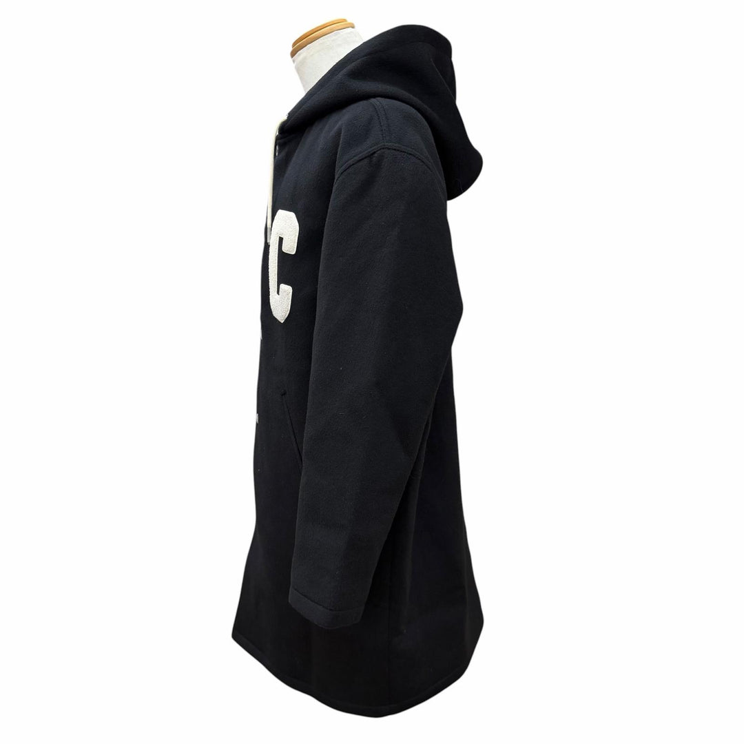 美品▼CELINE セリーヌ RV03U1025 ウール100% フーデッド カレッジロゴ コート ブラック 44 伊製 正規品 メンズ ガーメント・ハンガー付