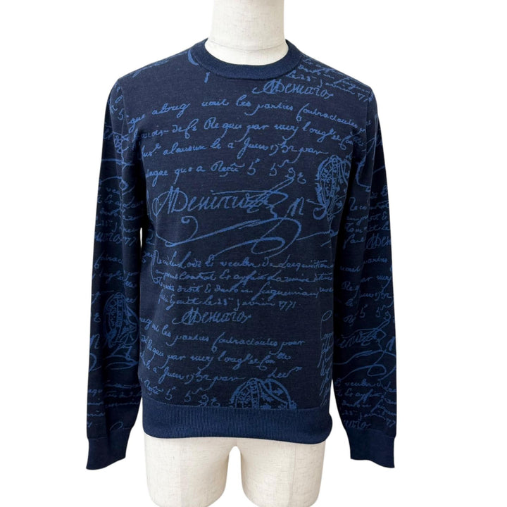 極美品□BERLUTI ベルルッティ R23KRL198YWBG Wool Scritto Crewneck Sweater カリグラフィ セーター ネイビー M イタリア製 正規品