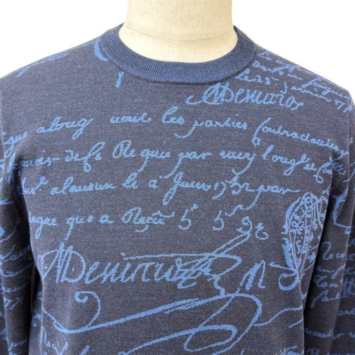 極美品□BERLUTI ベルルッティ R23KRL198YWBG Wool Scritto Crewneck Sweater カリグラフィ セーター ネイビー M イタリア製 正規品