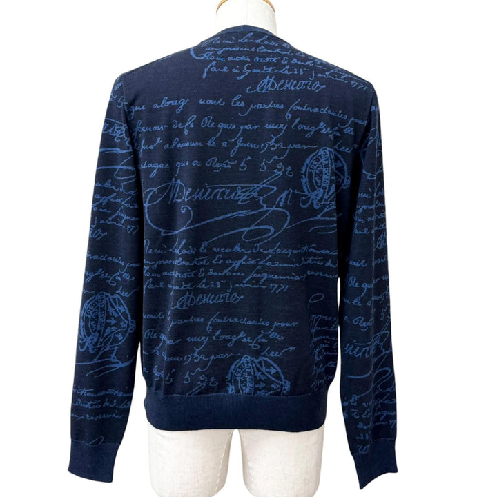 極美品□BERLUTI ベルルッティ R23KRL198YWBG Wool Scritto Crewneck Sweater カリグラフィ セーター ネイビー M イタリア製 正規品