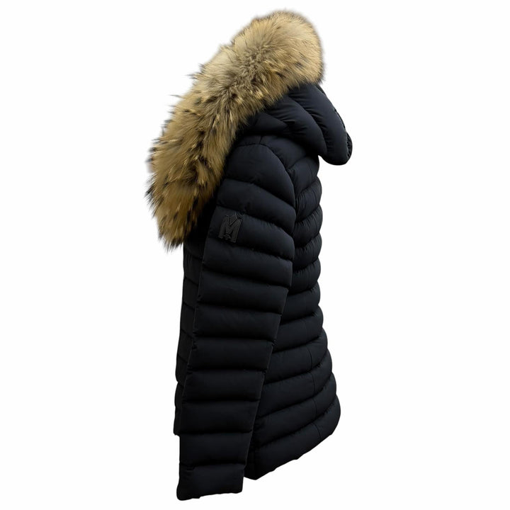 美品★MACKAGE マッカージュ 11602219-0A KADALINA ラクーンファー・フード付 ロゴワッペン レザー使い ダウンジャケット 黒 M 正規品