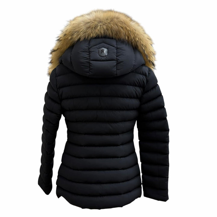 美品★MACKAGE マッカージュ 11602219-0A KADALINA ラクーンファー・フード付 ロゴワッペン レザー使い ダウンジャケット 黒 M 正規品