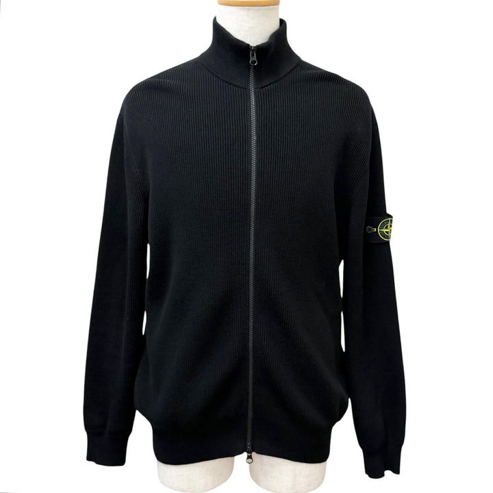 美品□STONE ISLAND ストーンアイランド RIBBED SOFT ORIGINAL COTTON ロゴワッペン ドライバーズニット ブルゾン ブラック XL 正規品
