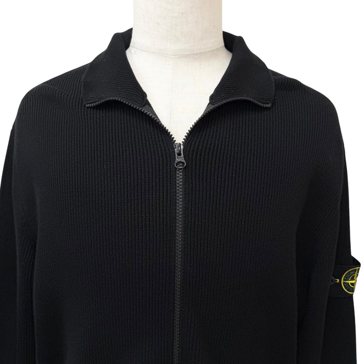 美品□STONE ISLAND ストーンアイランド RIBBED SOFT ORIGINAL COTTON ロゴワッペン ドライバーズニット ブルゾン ブラック XL 正規品