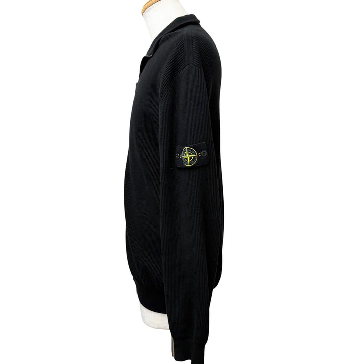 美品□STONE ISLAND ストーンアイランド RIBBED SOFT ORIGINAL COTTON ロゴワッペン ドライバーズニット ブルゾン ブラック XL 正規品